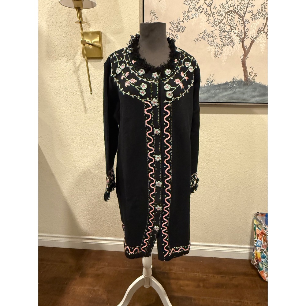 Storybook Knits Black Floral Beaded Cardigan‎ Sweater Longline Pink Silver 1X